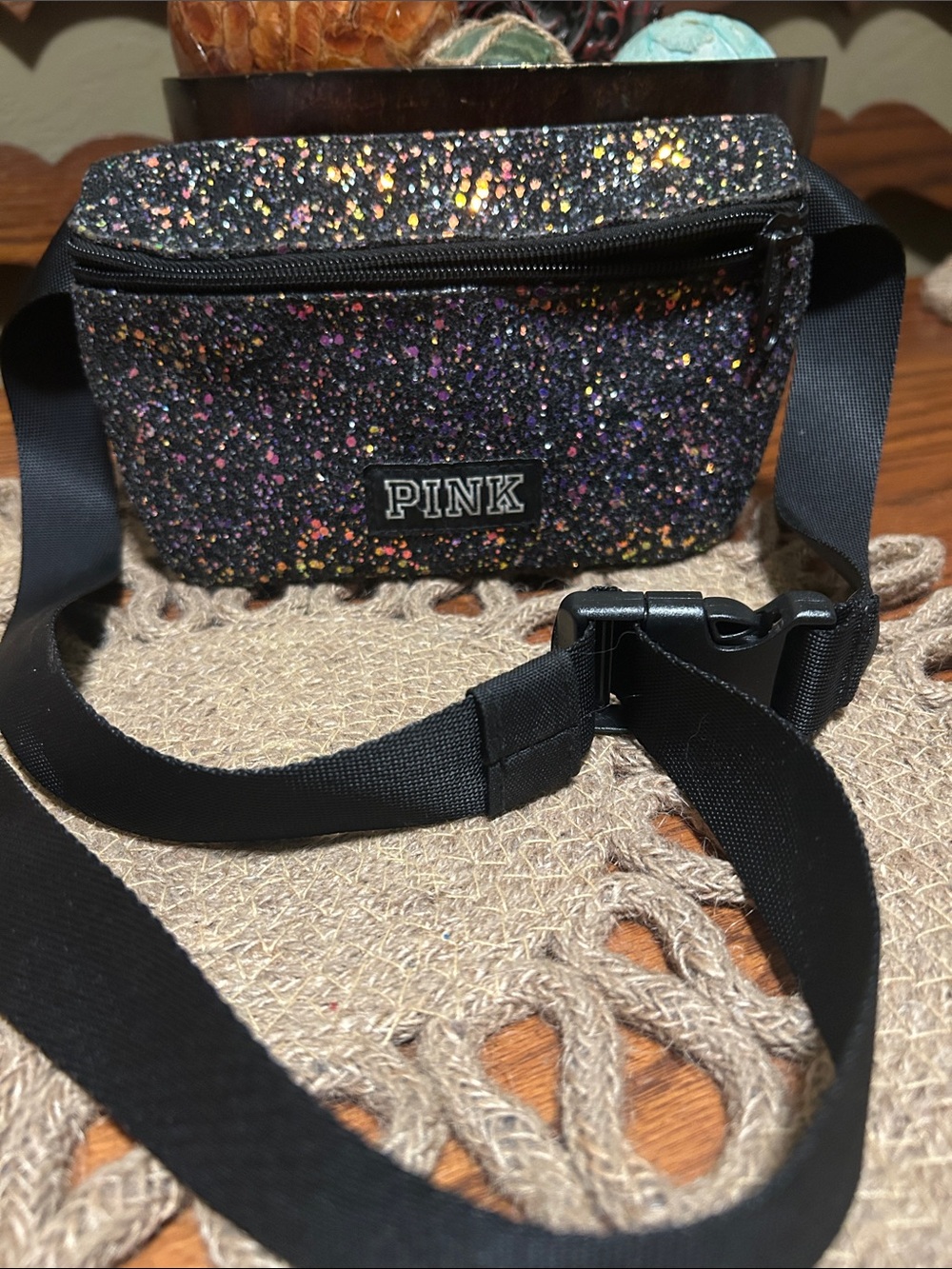 PINK Victoria's Secret Black Multicolor Glitter Crossbody Belt Bag
